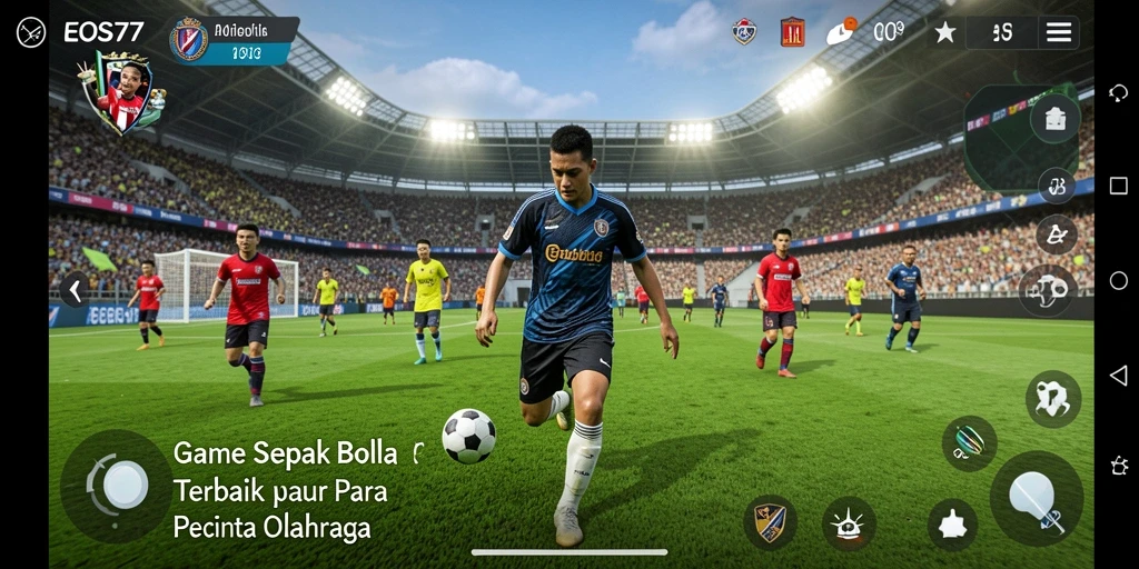 Tangkapan layar gameplay EOS77 dengan aksi pemain sepak bola.