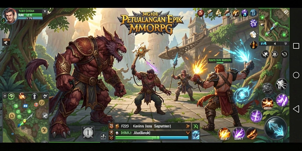 Screenshot utama MG108 menampilkan pertempuran seru dalam dunia MMORPG.