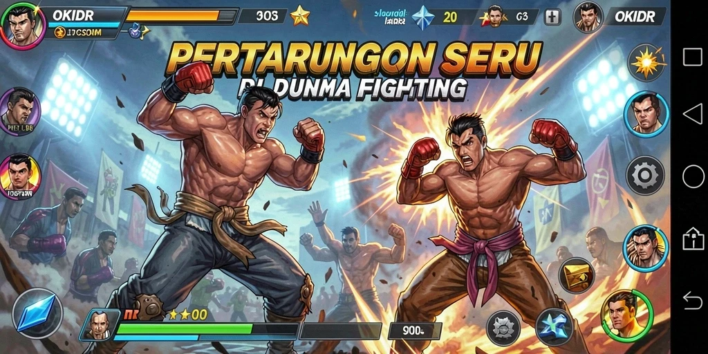 Tampilan kuat dan dinamis dari gameplay OKIDR dengan karakter bertarung.