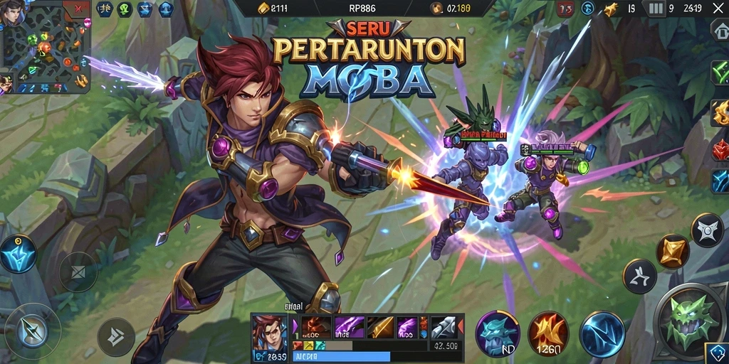 Screenshot gameplay RP886 yang menampilkan pertempuran epik dalam arena MOBA.