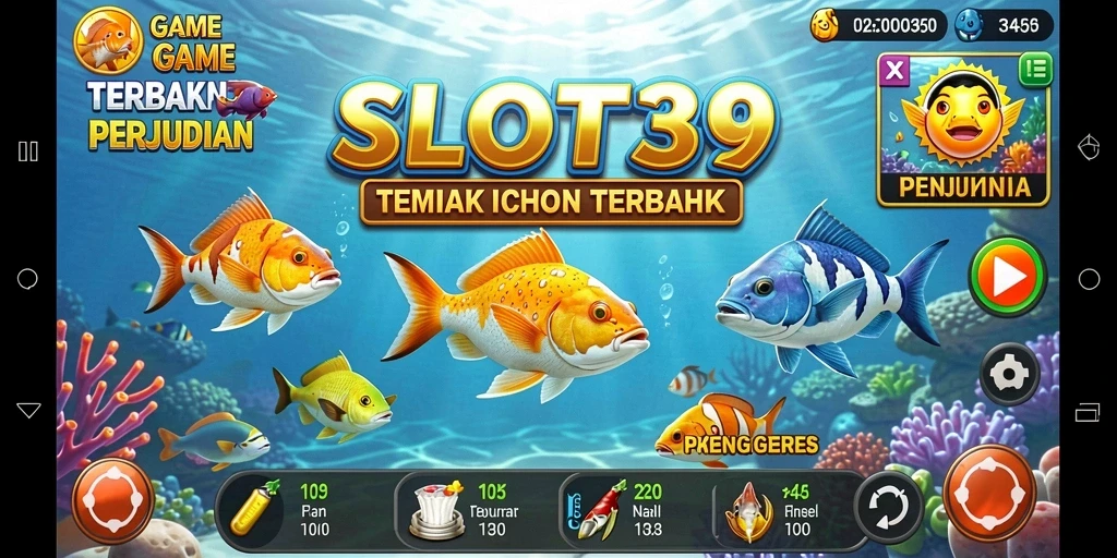 Tampilan gameplay menarik dengan berbagai ikan berwarna-warni dan senjata yang canggih.