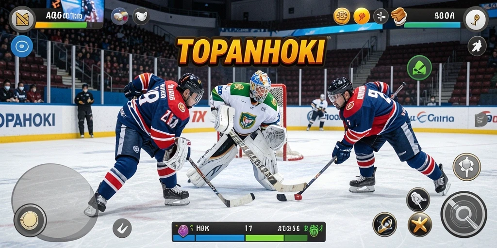 Screenshot gameplay TOPANHOKI menampilkan aksi hoki yang intens.