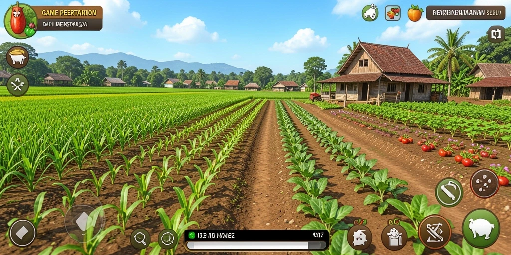 Screenshot menampilkan gameplay V07 dengan ladang yang subur dan hewan ternak.